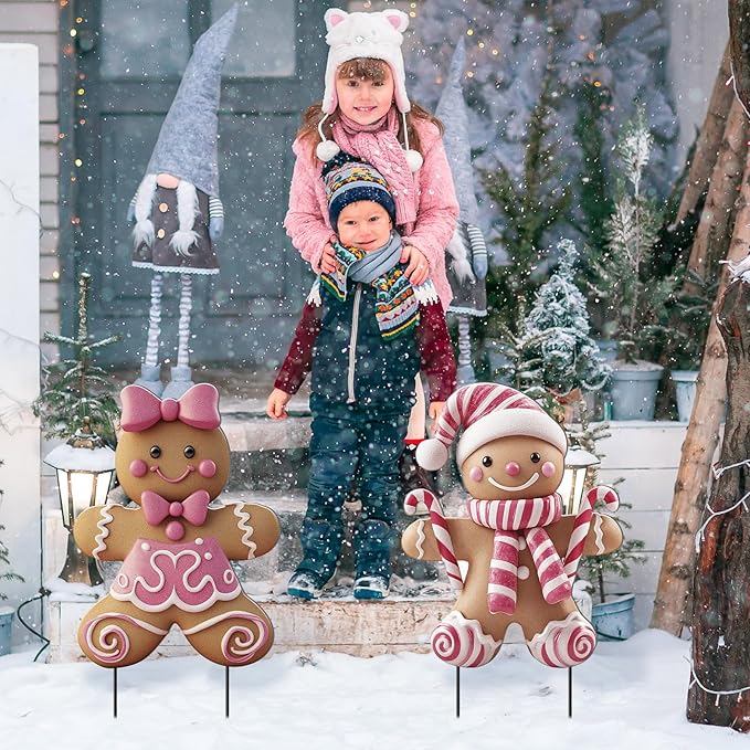 2 Pack Christmas Yard Stakes Metal Stakes 3D Boy and Girl Yard Sign Christmas Outdoor Decorations for Outside Holiday Xmas Winter Ornament Lawn Pathway(Pink Gingerbread Man Couple)