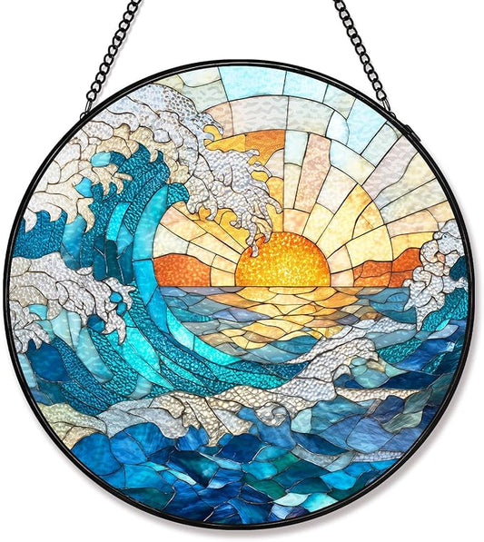 Stained Glass Sun Catcher Window Hanging - Blue Wave and Sunlight Design, Well Made Indoor Home Decor for Mother's Day, Birthday, Christmas for Women, Men, Mom (Blue Wave) 7.8in