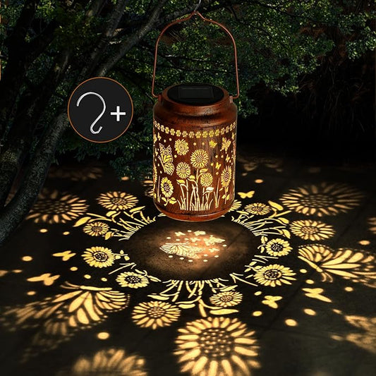 Sunflower Solar Lanterns Outdoor,Butterfly Gifts Metal Hanging Lights,Waterproof LED Solar Lights for Garden,Yard,Patio Pathway Lawn Decor,Birthday Gifts for Women,Mom-with S-Hook