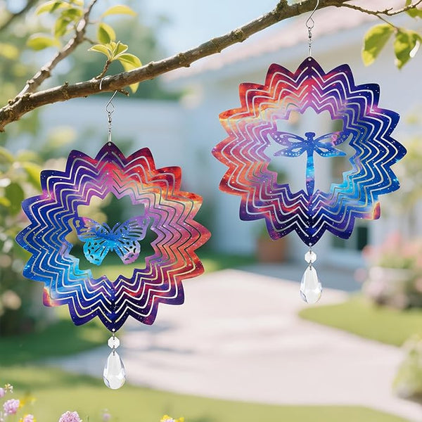 2PCS Garden Wind Spinners 3D Wind Sculptures Butterfly & Dragonfly Hanging Kinetic Wind Catchers Outdoor Yard Art Ideal Gifts for Mom Wife Grandma