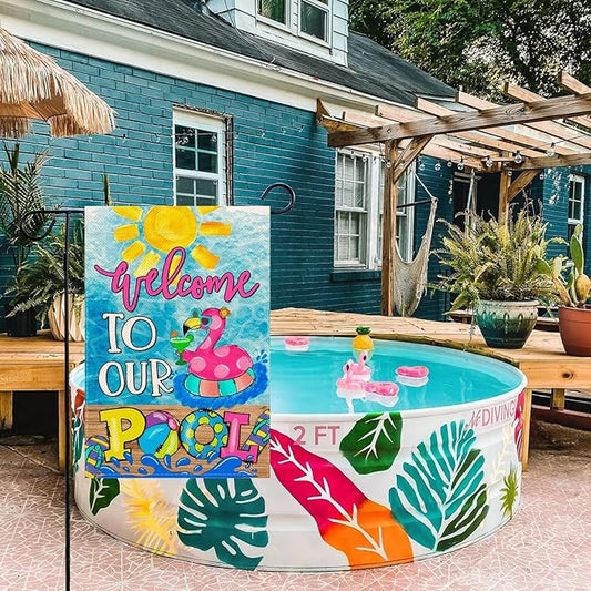 Baccessor Summer Pool Flamingo Garden Flag Double Sided Summer Welcome Pool Small Yard Flag Double Sided 12x18 Inch Burlap Vertical Seasonal Farmhouse Yard Outdoor Decoration