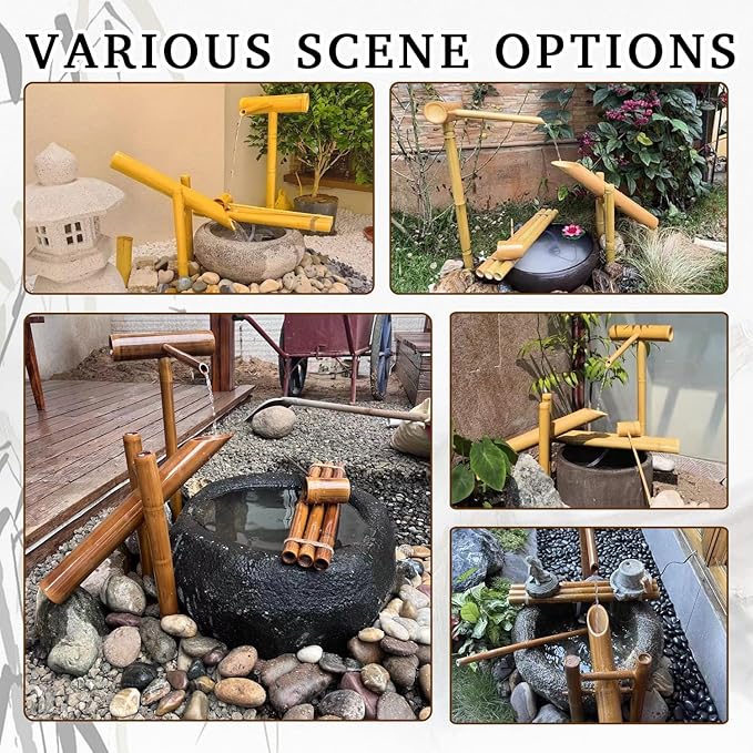 Handmade Solar Water Pump Fountain Kit, Free Standing Bamboo Fountain, Japanese Rocking Water Fountain, Patio Water Fountains, for Creates a Captivating Outdoor Fountain,Raw Bamboo