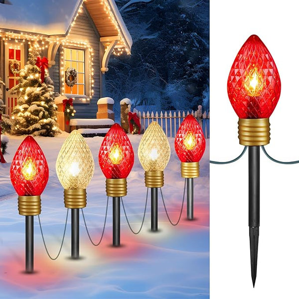 Moonflor Strawberry Jumbo C9 Christmas Pathway Lights Outdoor - 8.5 FT 5 LED Large C9 Pathway Lights, Hanging Jumbo Christmas Light Outdoor Decorations for Lawn Holiday Yard, Red & Warm White