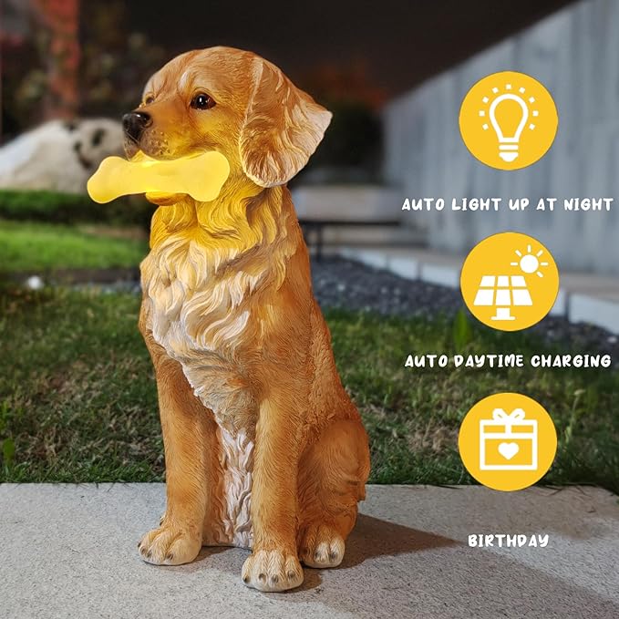 COWOS Solar Dog Statue with Glowing Bone, Golden Retriever Dog Statues for Outdoor Garden Decor, Weatherproof Dog Figurines and Pet Memorial Gift
