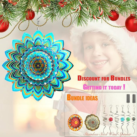 HS's Creation Wind Spinner Hanging Kinetic 19 Gauge 3D Metal with Swivel Hooks Sun Catcher for Outdoor Garden Decoration Handcrafted Art Gift Ornaments Sculpture Mandala Lucky Halo 12 Inch