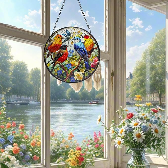 Birds on a Branch Stained Suncatcher for Windows Hanging, 7.8'' Animal Flower Scenery Stained Glass Window Hanging Home Garden Decor, Hand-Painted Glass Gifts for Birds Lovers, Mom