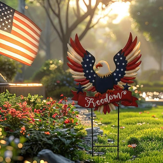 TERESA'S COLLECTIONS 4th of July Decorations for Outdoor, Patriotic Memorial Day Garden Decor, Eagle Metal Yard Art Sign for Outside, Americana Garden Stake for Lawn, Independence Day Gifts, 34''