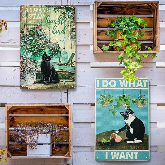 MorningRo 2 Pcs Funny Metal Tin Garden Sign 12'' x 8'' Gifts for Plant Lovers Women Grandma Mom Garden Decor Metal Tin Sign for Farmhouse Greenhouse Patio Yard Wall Decor Indoor Outdoor(Cute Cat)