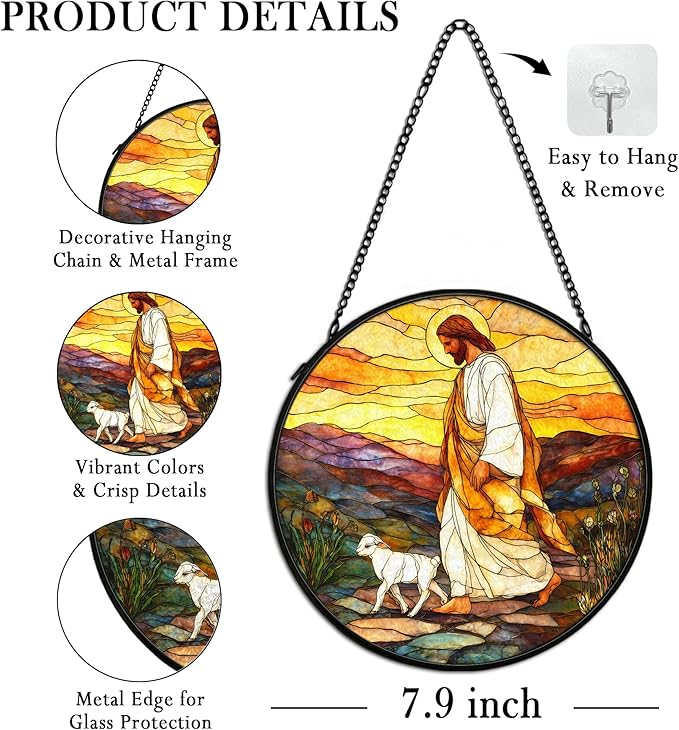 Christian Easter Jesus Lamb Suncatcher Stained Glass Window Hanging Wall Decor, Christian Easter Gifts for Women, Jesus Leaves the 99 Sheep Sun Catchers Garden Lawn Window Hanging Art,7.9x7.9In