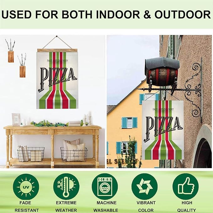 Mugod Retro Pizza Decorative House Flag Double Sided 28 x 40, Italian Food Red Green Striped Large Burlap Outdoor Flag Garden Yard Outside Decoration