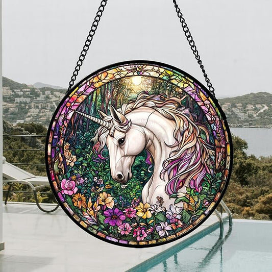 DASTOLL Stained Glass Window Hanging, Unicorn Flowers Suncatcher for Doors Home Sun Catchers Decoration and Christmas, Mother's Day Birthday Gifts for Women, Men, and Mom 14.9x14.9 in