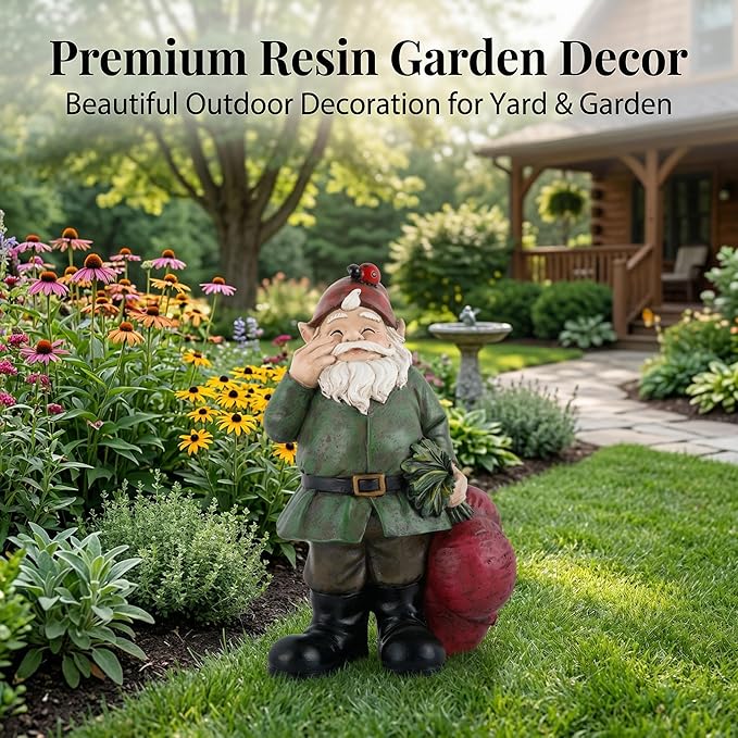 Topadorn Gnomes Figurine Resin Sculpture Garden Gnome Drag a Brunch of Radishes Statue with a Ladybug for Indoor Outdoor Decor, Radish Harvest 10 Inch, Weatherproof Garden Gnome Yard Statue Decor