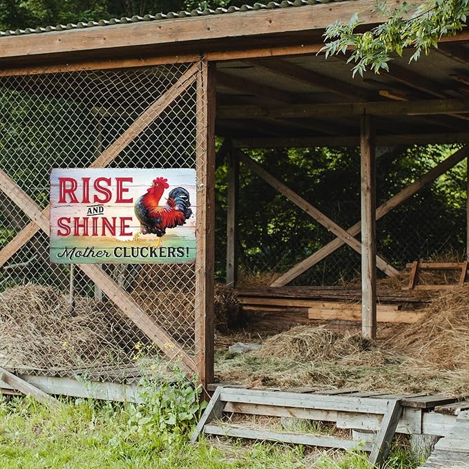 Funny Chicken Sign, Metal Chicken Coop Tin Signs, Rise and Shine Mother Cluckers, Yard Sign Garage Farm Garden Wall Decor Sign Plaque Outdoor for Home Fence 8 X 12 Inches