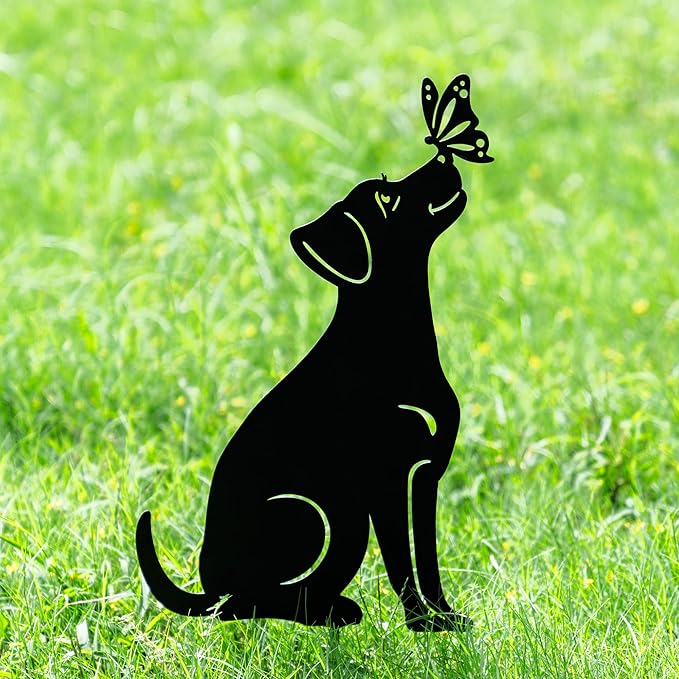 Glitzhome Set of 3 Dog Silhouette Stakes, Black Metal Decorative Garden Stakes or Wall Decor with Butterfly Cutout Design, Iron Yard Art Lawn Spring Decoration, 20 "H