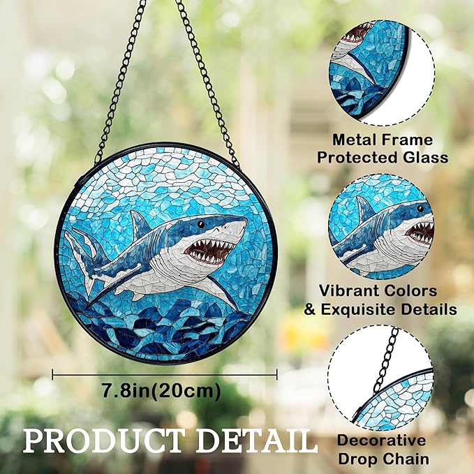 Blue Ocean Beach Shark Suncatchers Stained Glass Window Hanging, Shark Decor Sun Catchers Indoor Window Glass Round Wall Decor, Coastal Beachy Wall Hanging Decorations, 7.9x7.9in
