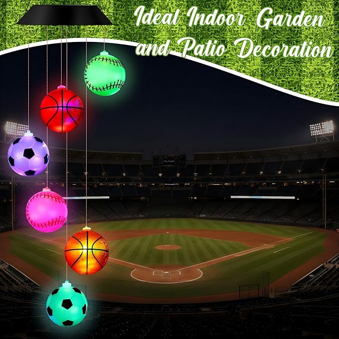 GlikCeil Sports Ball Solar Wind Chimes 27.5inch Sports Decorations Outside Waterproof Hanging LED for Yard, Porch, Patio, Party, Color Changing Lights