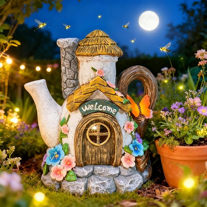 Suyorpe Fairy Garden Houses Solar Decor - Garden Statues Teapot House for Patio, Yard, Balcony Decoration, Outdoor Decor Yard Gifts for Mom Women