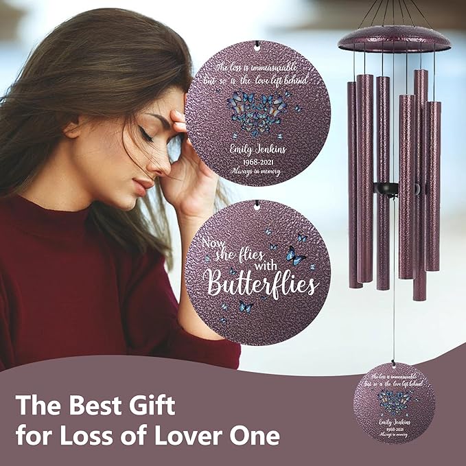 Personalized Tree of Life Wind Chimes Memorial Gifts for Loss of Loved One, 32 inch Deep Tone Metal Wind Chimes for Outside, Sympathy Gifts for Rememberance, Produced in USA