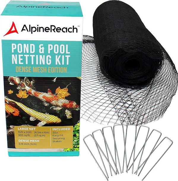 AlpineReach Pond Netting Kit 15 x 20 Feet & 20 Steel Staples - Woven Fine Mesh Heavy Duty Stretch Net Cover for Leaves - Protects Koi Fish from Blue Heron Birds Cats Predators - Galvanized Stakes