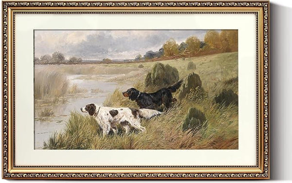 ARPEOTCY Vintage Gold Framed Large Wall Art, Retro River Dog Landscape Paintings, Canvas Prints Artwork with Antique Frame, Victorian Wall Picture Decor for Room Gallery Living Room, 16x24 inch