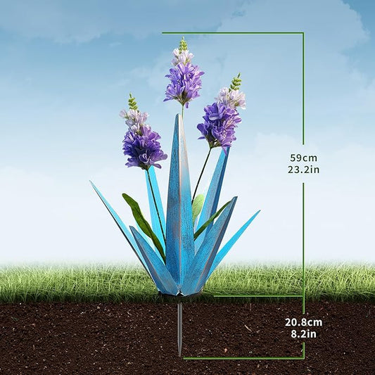2PCS Large Metal Yard Art, Outdoor Metal Agave Plants, Tequila Rustic Sculpture, Garden Decoration Lavender Yard Art Plant (Sky Blue)