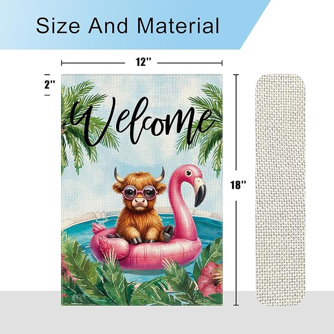 DLZDN Welcome Summer Highland Cow Garden Flag 12×18 Inch Double Side Vertical Burlap Farmhouse Yard Flag Summer Seasonal Outdoor House Decoration
