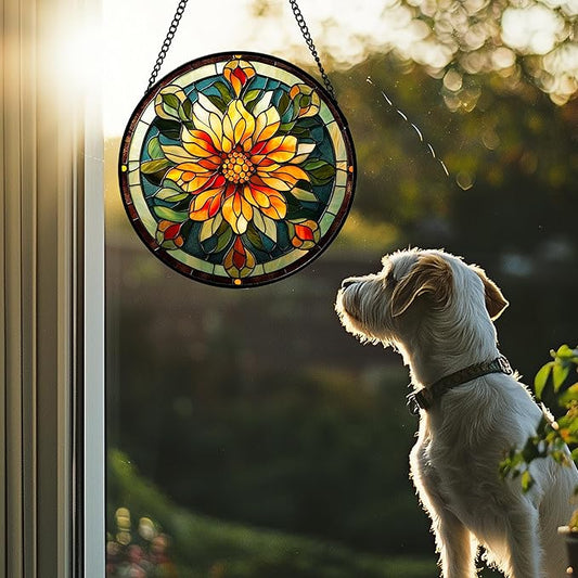 Stained Glass Window Hanging - Retro Yellow Flower Suncatcher for Door Garden Home Decor Dahlia Sun Catcher Christmas Birthday for Lovers Friend Women Mom Nana 7.8 in