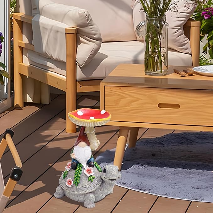 Turtle Garden Solar Statue with Mushroom Bird Bath Outdoor Waterproof, Gifts to Mom Women Grandma Birthday Mother's Day, Gnome Bird Feeder with LED Light for Yard Lawn Porch Outside Decor