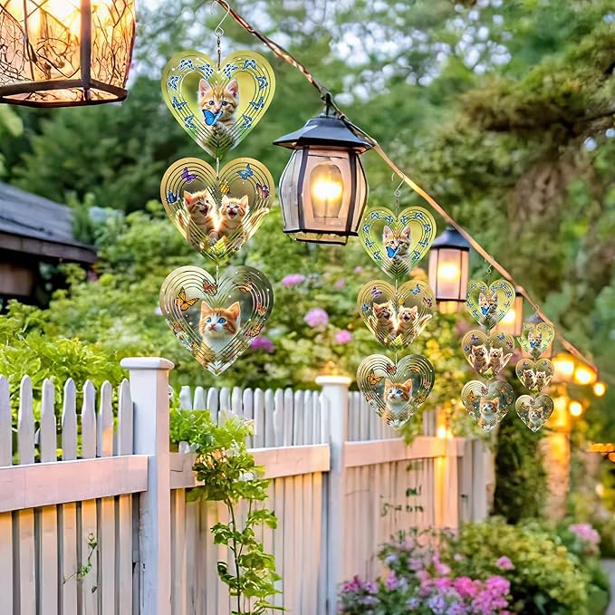 Wind Spinners Outdoor, Bird Repellent,3D Hearts Cat Pattern Hanging, 15 inches, Kinetic, Stainless-Steel Metal, Indoor and Outdoor Decoration for Garden, Patio, Yard, Gift for Women Mom Wife.