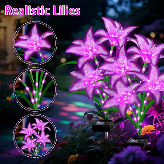 Solar Garden Lights 6 Pack 24 Purple Lily Flowers,Gifts for Mom Woman Birthday Outdoor Solar Flower Lights,Cemetery Flowers for Grave - Decorative Lilies for Yard, Patio, Pathway Decorations