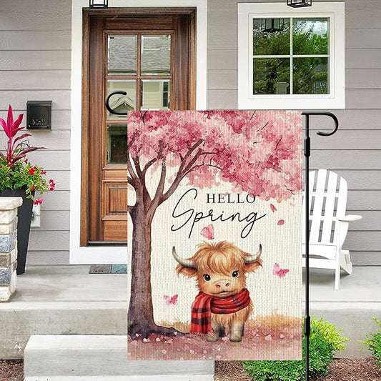 DLZDN Hello Spring Highland Cow Garden Flag Cherry Blossom Floral Butterfly Flag 12×18 Inch Double Side Vertical Burlap Farmhouse Yard Flag Seasonal Outdoor House Decoration