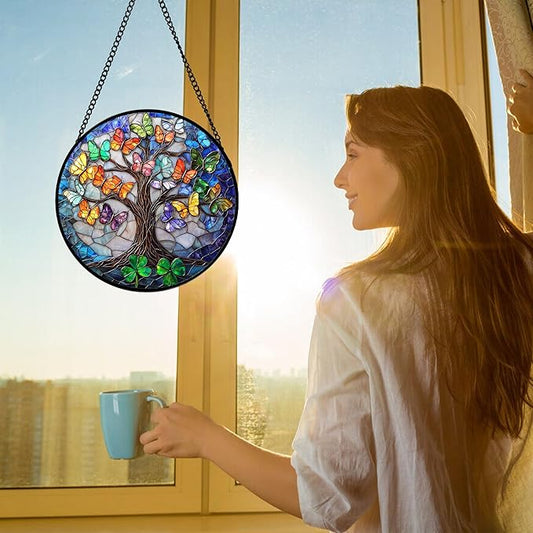 DASTOLL Stained Glass Window Hanging, Butterfly Tree Clover Sun Catchers Glass Panel Blue Suncatcher Decor for Birthday for Women, Men, Wife, Aunt, and Mom 9.8 in