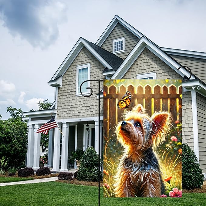 BlissYard Spring Summer Garden Flag 12x18 Inch Dog Flag Double Sided Yorkshire Terrier Butterfly Garden Flags Outdoor Yard Lawn Porch Patio Decor Banner for Pet Lovers