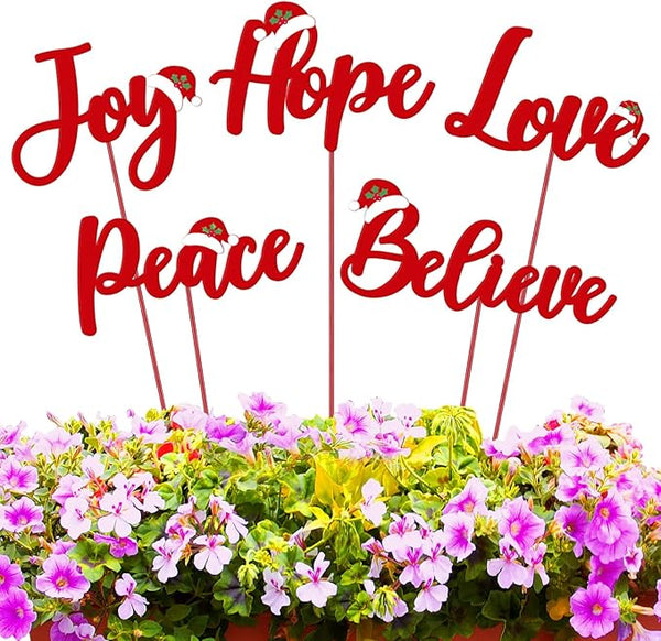 Roowest 5 Pack 12'' H Metal Christmas Yard Stakes Outdoor Decorations Joy Peace Love Believe Hope Garden Signs Christmas Potted Plant Stakes for Holiday Winter Home Lawn Garden Porch Party Decor