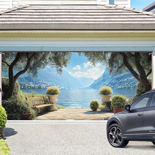 ANNA QUEEN Mural Garage Door Banner 6 x 13FT, Mediterranean Lakeside Garden View with Bench and Mountains, Romantic Garden Scenic Backdrop for Patio, Yard, Holiday, Party Decor