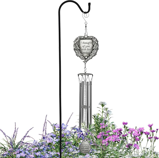 Sympathy Memorial Windchimes - Engraved I Thought of You with Love Today - Angel Wings Wrapped Around a Heart and Teardrop Charm - in Loving Memory Chimes - 15" L - 2 Pack