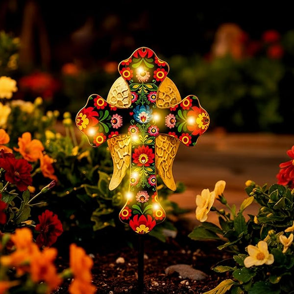 Solar Cross Lights with Angel Wings, Floral Design Outdoor Cemetery Decoration, Warm White LED Stake Light, Pink and Gold Glass Cross for Tombstone Memorial
