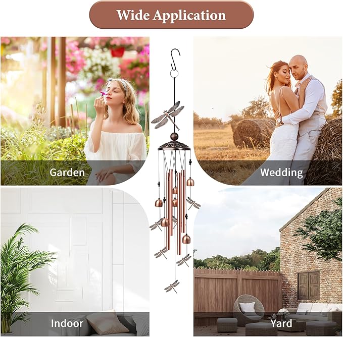 Dragonfly Wind Chimes for Outside, Decorative Wind Chimes with 4 Aluminum Tubes Hanging Bells, Memorial Windchimes Outdoors with S Hook for Patio Garden Decor, Unique Gift for Mom Grandma