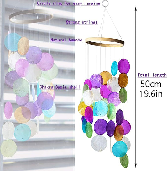 Rainbow Capiz Seashell Wind Chimes Outdoor Indoor Hanging Handmade Painted Colorful Beach Coast Ocean Home Decorative Hanging Mobiles Memorial Sympthy Gift