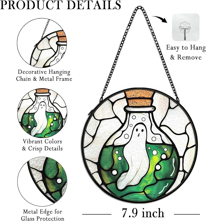 Halloween Ghost Witchy Suncatcher Stained Glass Window Hanging Decor, Whimsical Spooky Stained Glass Wall Decor, Gothic Lawn Garden Sun Catchers Indoor Window Hanging Wall Art, 7.9x7.9In