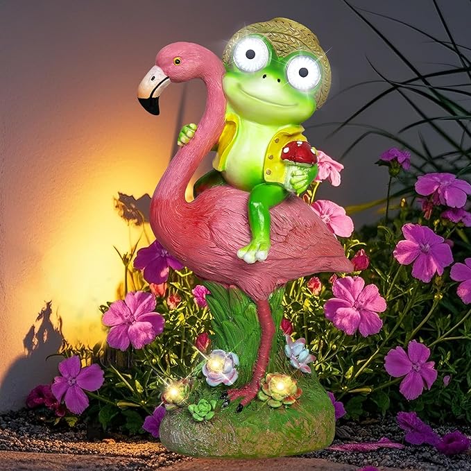 Solar Garden Statue, Whimsical Frog Riding Flamingo Outdoor Decor with Glowing LED Eyes, IP65 Waterproof Resin Lawn Ornament for Patio Yard Balcony, Unique Housewarming Gift for Mom Grandma Women
