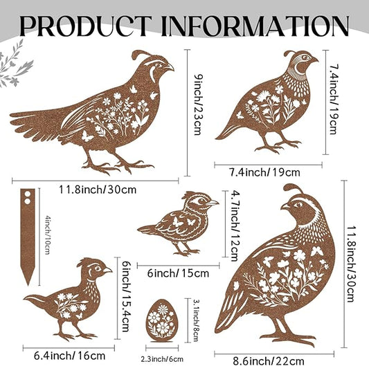 Metal Garden Stakes for Outside - 6 Pcs Quail Decor Yard Art Statues Outdoor Waterproof Figurine Silhouette Patio Lawn Pathway Backyard Ornaments Birthday Gift for Women Mom Grandma Wife