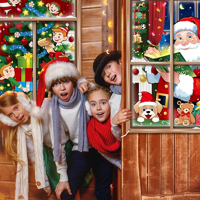 Preboun 2 Pcs Christmas Curtain Window Decoration Xmas Window Silhouette Snowflake Cover Christmas Poster for Indoor Outdoor Holiday Party Wall Garage Door Decor(Santa Claus and Elf Tree)