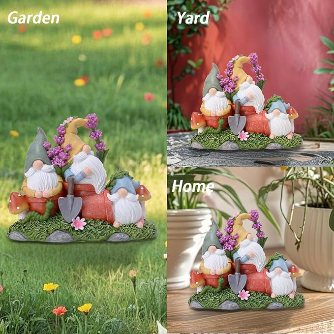 Garden Gnome Statue, Gnomes Figurine on Flower Pot with Floret and Mushrooms, Waterproof Resin Outdoor Decor for Patio Lawn Yard Home Tabletop Decoration