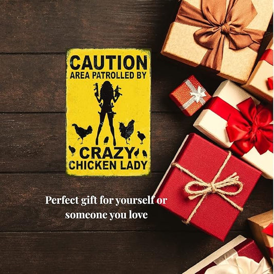 Funny No Trespassing Sign, Metal Warning Tin Signs, Caution Area Patrolled by Crazy Chicken Lady, Yard Sign Garage Farm Garden Wall Decor Sign Plaque Outdoor for Home Fence 8 X 12 Inches