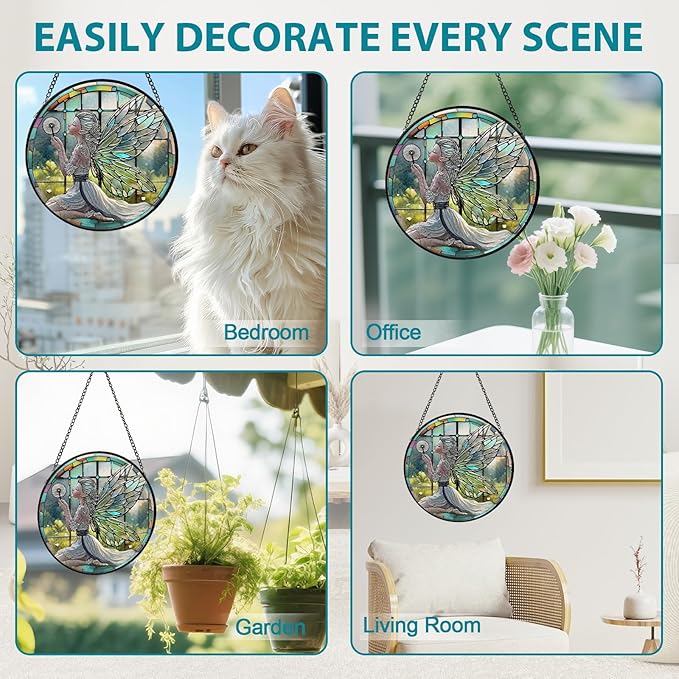 Dandelion Fairy Stained Glass Window Hanging, Suncatcher Diamond Glass Panel Hangings, Sun Catchers Indoor Windows Wall Art, Gifts for Mom Grandma, Christmas Decor for Home Garden Office 7.87 inches