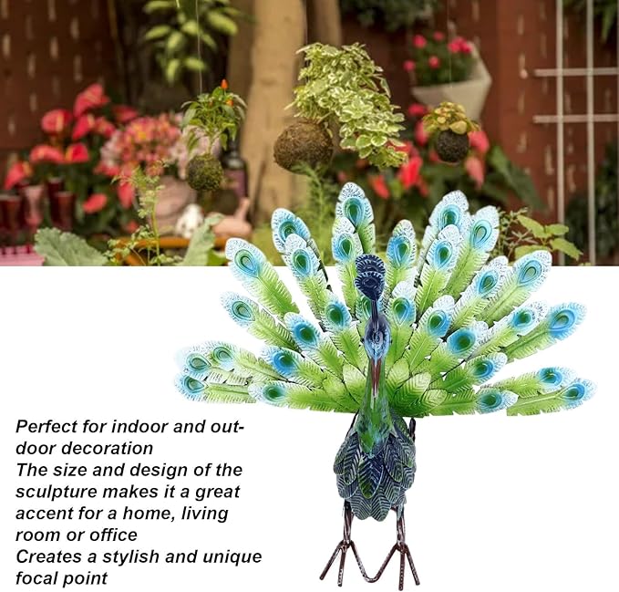 Metal Peacock Statue, Realistic Peacock Sculpture with Intricate Feather Details, Weatherproof Iron Garden Decor for Outdoor Lawn or Indoor Living Room Display