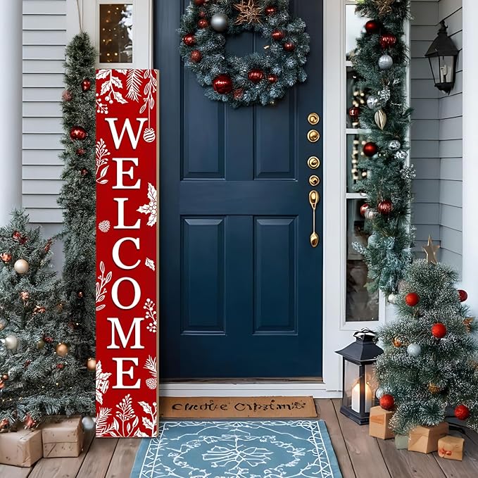 Christmas Porch Sign Xmas Welcome Sign Vertical Standing Sign For Front Porch Decor Farmhouse Wall Hanging for Patio Yard Party Indoor Outdoor Winter Holiday Decoration 47.2"H Red