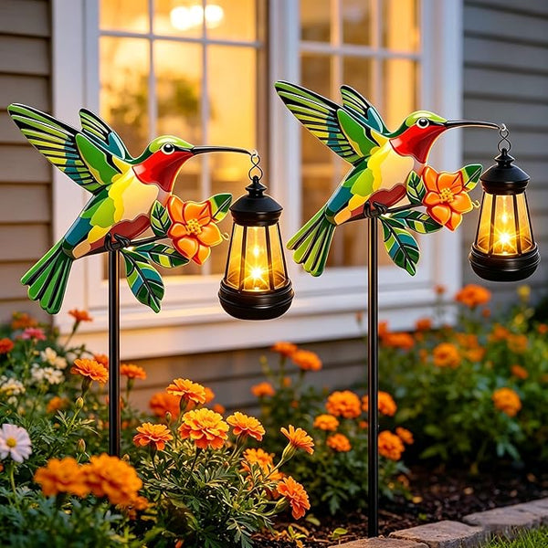 2 Pack Solar Garden Statue Figurine with Solar Lanterns Outdoor Waterproof, Green Hummingbird Hanging Solar Light, Solar Path Light Yard Art, Outside Patio Garden Decor Best Gift for Mom Grandma Women
