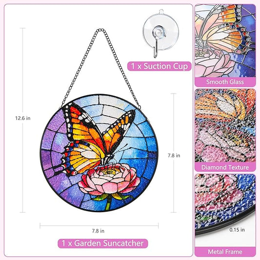 Stained Glass Window Hanging, Emperor Butterfly Circular Painted Glass Suncatcher with Chain & Suction Cup for Home Garden Door Decor, Birthday for Women Men Mom 7.8 in